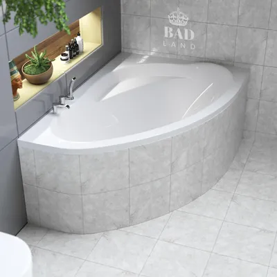 Image de Baignoire d'angle 160x100 droite avec revêtement en polystyrène, écoulement & pieds S | Set complet 4in1 baignoire originale acrylique siphon | BADLAND MAREA