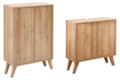 Produktbild von Fackelmann Finn 4-teiliges Badmöbelset in Ast-Eiche  Midischrank + Waschbeckenunterschrank inkl. Holzfüße, 60 cm breit, Deutsche Qualität