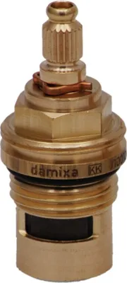 A close-up studio shot of a brass faucet cartridge.