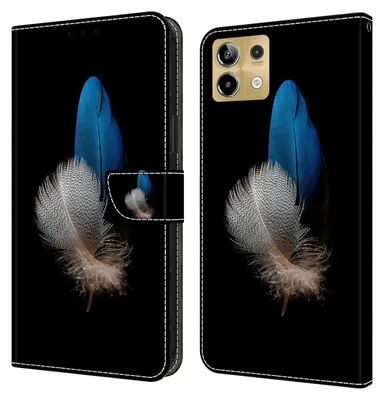 Produktbild von CLM-Tech Handyhülle kompatibel mit Xiaomi Redmi Note 13 5G Hülle - Tasche aus Kunstleder - Klapphülle mit Ständer und Kartenfächern - Schutzhülle Wallet Case Cover zwei Federn blau und weiß