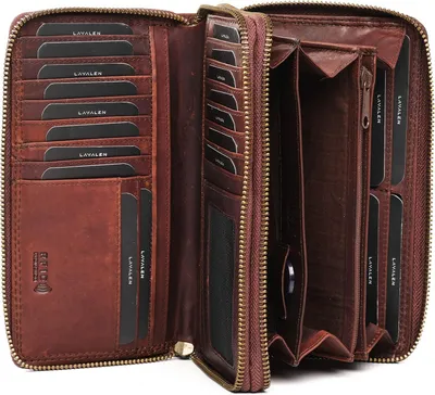 Imagen del producto de Cartera de cuero para mujer, con protección RFID. Amplio espacio para tarjetas, billetes y monedas. Elegante y compacta