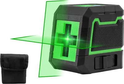 A green laser level device with a carrying pouch.