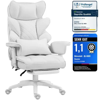 Produktbild von Gaming-Bürostuhl ergonomisch mit Taschenfederkissen, doppellag. Rückenlehne, verstellbarem Lendenkissen, Armlehnen & Fußstütze.Weiß+FARBIC