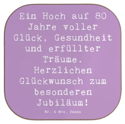 Produktbild von Mr. & Mrs. Panda Holzuntersetzer Spruch 80. Geburtstag Freude - Lavendeltraum - Geschenk, Untersetzer für Gläser, Tassenuntersetzer, gläseruntersetzer, 80 Jahre, Glas