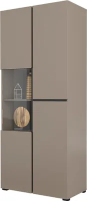 Image de Vitrine haute 2 portes collection HAVANA avec LED intégrée. Coloris beige et noir.