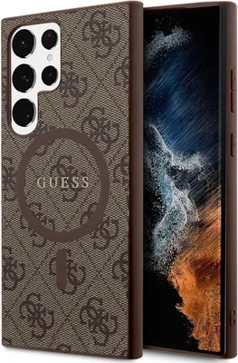 A brown Guess branded phone case for a Samsung S24 Ultra is shown next to the phone it protects.