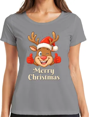 Produktbild von Merry Christmas niedlich Rentier Santa Hut Cartoon Familie Kinder Damen T-Shirt, Grau, M