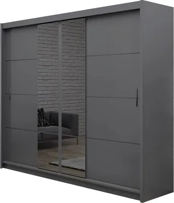 Produktbild von Kleiderschrank Porto II mit Spiegel 250 cm, Schwebetürenschrank, Garderobeschrank Schlafzimmer; Wohnzimmerschrank; Korpus Schrank Farbe: Graphit; Farbe der Schrankfront: Graphit
