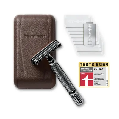 Immagine prodotto di Rasoio di sicurezza Störtebekker "Hamburg" nero - Set da barba da uomo - incl. 10 lamette e astuccio in pelle