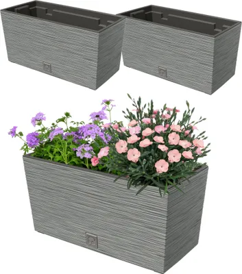 Produktbild von 2 Stck. Blumenkasten Meißel Balkonkasten Pflanzkasten Grau 12L 39,5 cm mit Topf Einsatz 8L Pflanzkübel Einzigartiger Blumentopf Kunststoff Selbstbewässernd Drainageloch