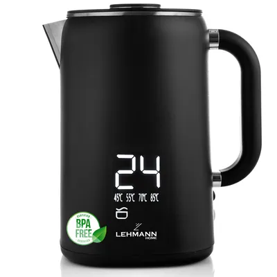 A black electric kettle with a digital display and temperature settings shown against a white background.