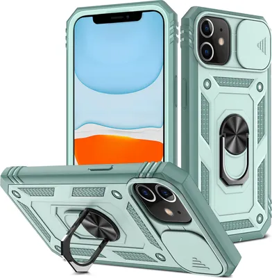 Produktbild von iPhone 11 Hülle, Schiebe Kamera Schutz Robust Rüstung Stoßfest Schutzhülle mit Ringhalterung Ständer Kartenhalter für iPhone 11 Rot