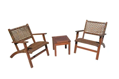 Two chairs and a small table are arranged on a white background.