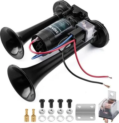 Obrázek produktu pro Vzduchová houkačka – extrémně hlasitá automobilová houkačka – sada kompresoru a vzduchové houkačky – 12 V pro vozidla/auta/nákladní vozy – hlasitá houkačka – vzduchová houkačka pro vlaky, lodě, dodávky