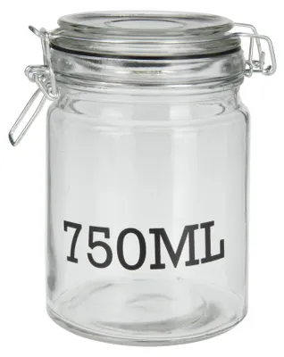 A clear, studio shot of a glass storage jar with a clamp lid.