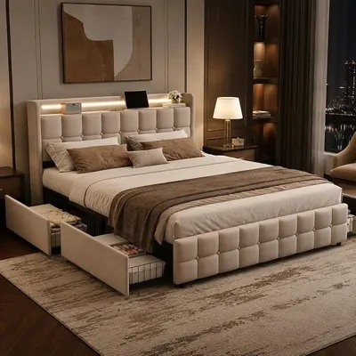 Productafbeelding van Tweepersoonsbed 180x200, bed met opbergruimte, bed met LED-verlichting en 4 lades, gestoffeerd bed met opbergruimte, jeugdbed met USB-oplaadfunctie in het hoofdeinde, lattenbodem van hout (beige)