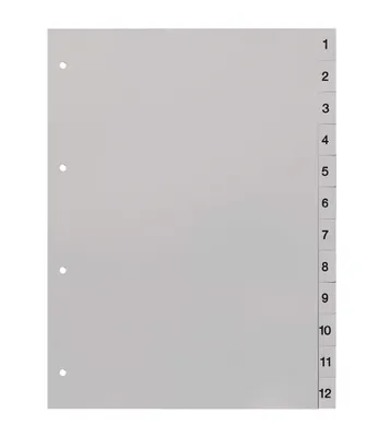 Produktbild von europrotokoll Ordnerregister 1-12, neutral, ohne Deckblatt, 12-teilig, DIN A4, Register aus PP, strapazierfähige Trennblätter für Ordner, lichtgrau