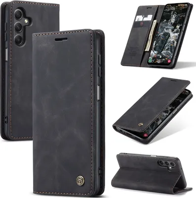 Collage of images showing a black flip phone case for a Samsung Galaxy A25 5G.