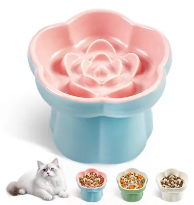 Image de Ensemble de 2 gamelles en céramique pour chats, rose et bleu
