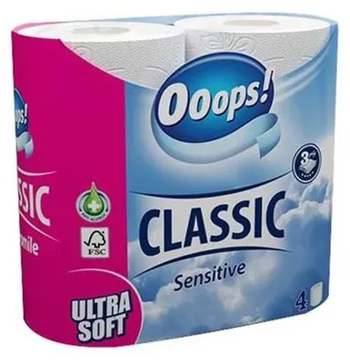 Obrázok produktu pre Toaletný papier, 3-vrstvový, malý kotúč, 4 kotúče, OOOPS "Classic", sensitive