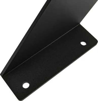 A close-up, angled view of a black metal shelf bracket against a white background.