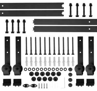 Produktbild von Schiebetür-Beschlagset - Doppeltür Schiene 3,6 m - Kohlenstoffstahl - Tragkraft 150 kg - 4 Rollenhalter - Für Zimmer/Garage - Schwarz