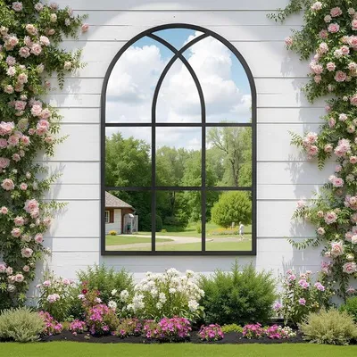 Produktbild von Bogenspiegel, 60 x 90 cm, Wandspiegel für Garten, Außenbereich, Antik-Stil, Gothic-Stil, mit Aluminiumrahmen, für Flur, Wohnzimmer, Schlafzimmer, Eingangsbereich, Schwarz