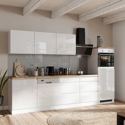 Produktbild von Küchenzeile 300 cm, inkl. E-Geräte, in Hochglanz weiß, Arbeitsplatte Eiche MARSEILLE-03