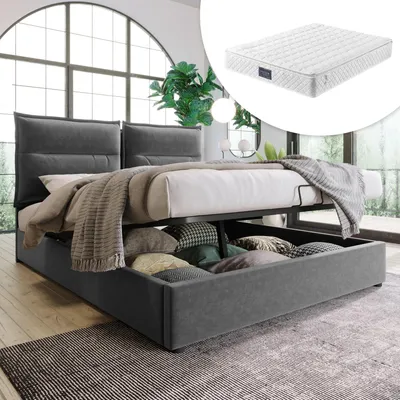 Productafbeelding van Boxspringbed 140x200 cm met hydraulische opbergruimte, verstelbaar hoofdeinde, lattenbodem en fluwele bekleding, grijs