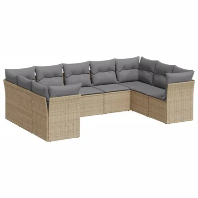 Produktbild von Modulares Garten-Sofaset, 9-teilig, mit Stauraum & wasserabweisendem Beutel, PE-Rattan Beige, Kissen Hellgrau, UV-beständig