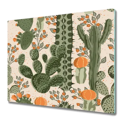 Produktbild von Küchenschneidebrett - Glasschneidebrett - Herdabdeckung - 60x52 - Kaktus und orangefarbene Blumen