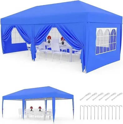 Produktbild von Faltpavillon - Pop Up Partyzelt 3 x 6 m - Wasserdichtes 420D Oxford - UV-Schutz 50+ - 3-fach höhenverstellbar - 6 Seitenwände - Blau