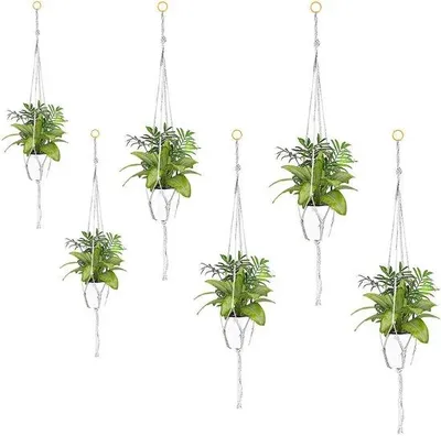 Produktbild von Vintage Kunststoff Makramee Schmuck für 6, Dekorative Hängekörbe, Seidenfaden Pflanzengestelle für Innen und Außen Dachbalkone, Wandaccessoires, 60cm, 80cm, 100cm