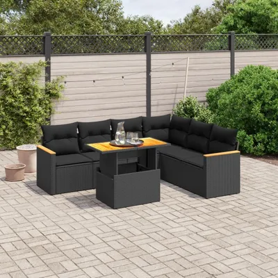 Produktbild von Design 7-tlg. Garten-Sofagarnitur mit Kissen Schwarz Poly Rattan, Gartenmöbel-Sets 2024 Neu