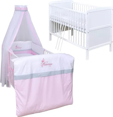 Produktbild von Baby-Delux Babybett Kinderbett Umbaubar 140x70 Weiß Bettset Komplett mit Motiv Princess