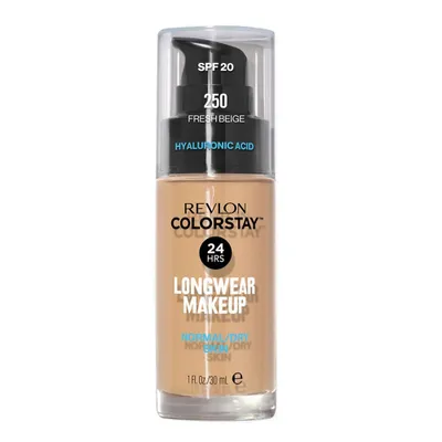 A bottle of Revlon Colorstay foundation with a pump dispenser.
