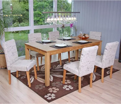 Produktbild von 6er-Set Esszimmerstuhl Stuhl Küchenstuhl Littau Textil mit Schriftzug, creme, helle Beine