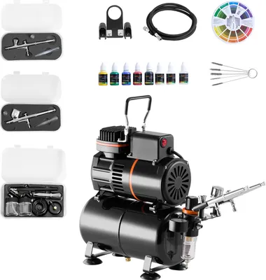 Obrázok produktu pre SucceBuy airbrush set 1/6 hp s kompresorom a nádržou, duálny účinok, 3 airbrush pištole s tryskami (0,3/0,3/0,5 mm), hadica, akrylová farba a 2 ventilátory, ideálne na zdobenie tort, maľovanie modelov a nechtov
