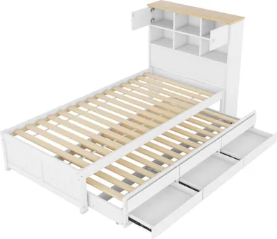 Produktbild von Hochbett mit Schreibtisch und LED-Beleuchtung (90x200 cm, USB, Steckdosen und Regal) Kinderbett mit Rausfallschutz, Kiefer