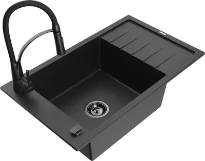 Produktbild von Mexen Elias 1 Becken-Granitspüle mit Abtropffläche und Mischbatterie Aster, Schwarz/Silbermetallic - 6511-73-73450-70-B