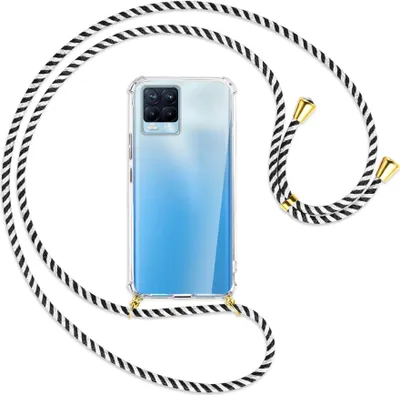 Produktbild von Handykette Backcover-Schutzhülle mit Band (Metall goldfarben) für Realme 8, Realme 8 Pro (6.4) - schwarz/weiß gestreift