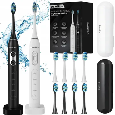 Obrázek produktu pro Dentipro zvuková zubní kartáček, 42 000 vibrací za minutu, 5 režimů, 8 nástavců, stupeň vodotěsnosti IPX7, indukční nabíjení