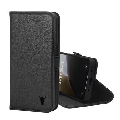 A black leather phone case is shown open, with a smartphone inside.