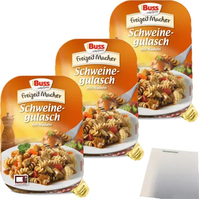 Produktbild von Buss Schweinegulasch mit Nudeln herzhaft abgeschmeckt 3er Pack (3x300g Packung) + usy Block