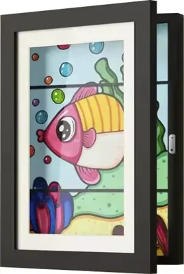 A black picture frame with a cartoon fish illustration inside, shown at an angle.
