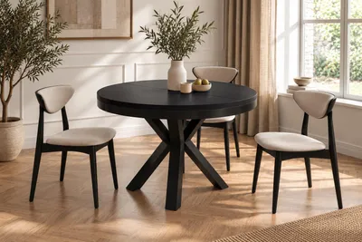 Produktbild von Runder Ausziehbarer Esstisch im Loft-Stil - Industrieller Tisch mit Schwarzen Metallbeinen - Platzsparender Tisch für Wohnzimmer - Schwarz - 100 bis 180 cm