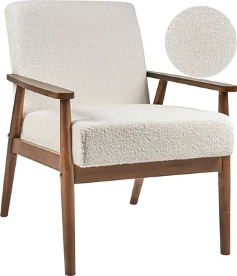 Zdjęcie produktu dla BELIANI Fotel złamana biel tapicerowany boucle ciemna drewniana rama i podłokietniki retro design do salonu