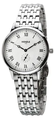 Produktbild von Kienzle Damenuhr 32 mm Gehäuse aus Edelstahl Quarzwerk Ronda kleine Sekunde 5 ATM Weißes Guilloché-Zifferblatt poliert satiniertes Armband Faltschließe Mineralglas