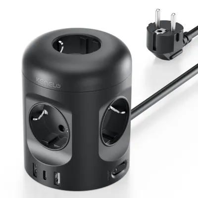 Image de Multiprise 8 en 1 avec USB, 5 prises, 3 mètres, noire