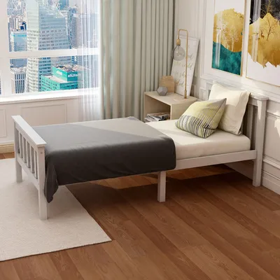 Image de Sweiko 90 x 200 cm Lit simple en bois Lit d'invité Lits classiques Lits pour adolescents avec sommier à lattes et tête de lit, Pin massif, Blanc
